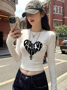 新世代 Z 世代 Y2K 短款長袖 T 恤 女款趣味愛心印花 春秋韓風圓領百搭休閒修身上衣 - 白色 - 查看 2