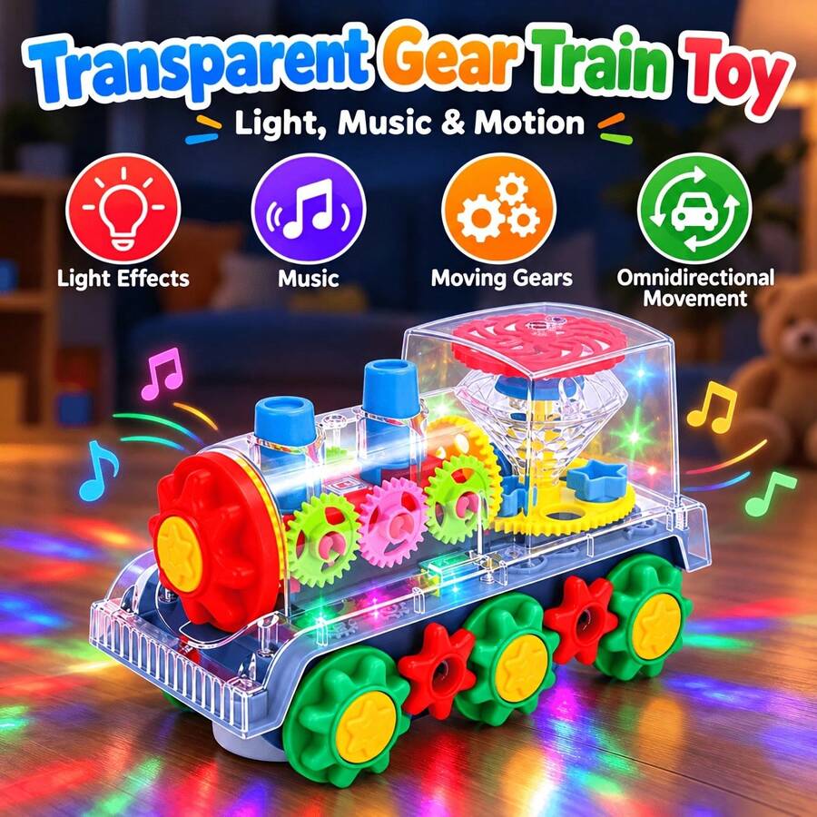 Electric Transparent Gear Toy, Electric Toy Train With Flashing Lights And Music, 360 Degree Rotation, Educational Rotating Toy For Kids, Suitable For Boys And Girls, Random Color
