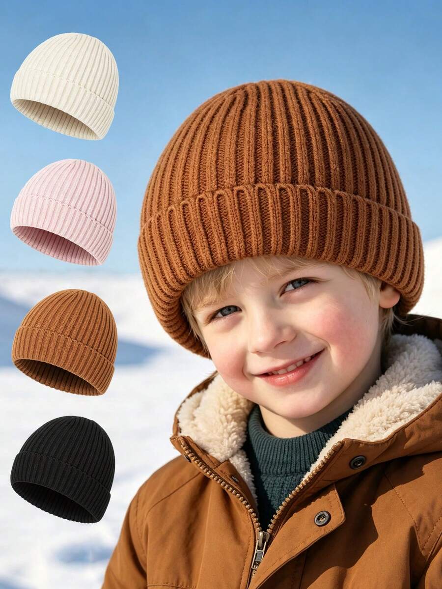 Autumn/Winter Children's Ear Protection Knitted Hat, Solid Color Striped Soft Yarn Beanie, 3-8 Years Old Boys & Girls Versatile Cold Weather Hat - Multicolor - View 1