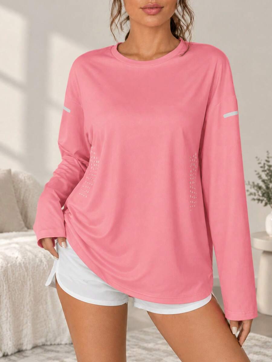 AODSR Women's Pink Long Sleeve Crew Neck Athletic Top With Perforated Side Detail For Running Training Yoga And Fitness - Hot Pink - View 1