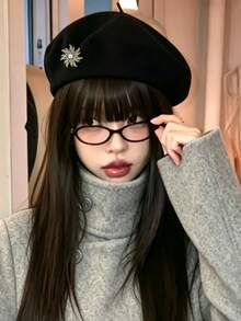1件時尚經典保暖純色貝雷帽，附可拆卸旋轉向日葵飾品，極簡主義畫家帽 - 黑色 - 查看 2