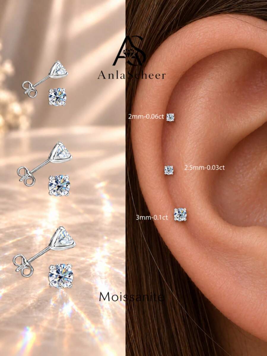 AnlaScheer 1pc 0.1ct Moissanite 925 Sterling Silver 4-Prong Round Flat Back Helix Piercing Earring Women's Engagement Wedding Bridal Jewelry