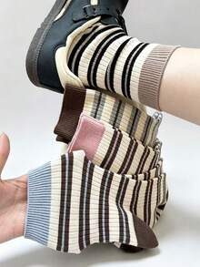 1/5 Pairs Vintage Striped Colorblock Mid-Calf Women's Socks, Soft Skin-Friendly Slouch Socks, Multi-Color Options, Preppy Style For Commute And Daily Wear, Matching Canvas Shoes And Mary Jane Shoes - Multicolor - View 7