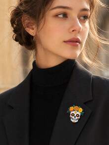 Day Of The Dead Floral Crown Sugar Skull Brooch, Black-Edged Colorful Pattern Skull With Orange-Yellow Marigold Flower Wreath Design, Dark Holiday Style Decoration Accessory For Coat, Sweater, Backpack, Hat - A - View 7