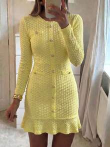 Gaun Mini Lengan Panjang Wanita Unadoll Musim Gugur, Leher Bulat, Kancing Emas Imitasi, Tekstur Bodycon, Hem Bergelombang, Cocok untuk Kembali ke Sekolah, Kencan Malam & Jalan-jalan - Kuning - View 6