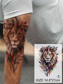 1pc Colorful Design Fashion Feather Lion Pattern Party Gift DIY Holiday Gift Music Festival Tattoo Sticker Large Arm Sleeve Arm Waist Abdomen Temporary Waterproof Tattoo Sticker - Multicolor - View 1