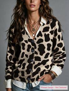 ASHKATIA Cardigan de punto casual de manga larga con estampado de vaca y abotonadura sencilla para mujer de talla grande - Multicolor - Ver 2