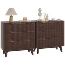 Mesita de Noche Moderna con Diseño Acanalado y 3 Cajones, Tapa Efecto Mármol, Perfil Curvo y Tiradores Dorados, Mesa Auxiliar para Dormitorio, Sala o Pasillo - Café integral - Ver 2