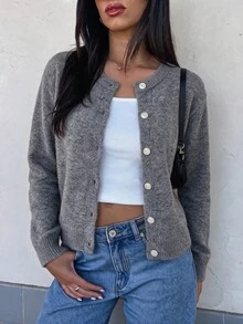 NOVELLE Women's Gray Minimalist Crew Neck Buttons Knit Cardigan, Autumn Winter Loose Drop Shoulder Cropped Versatile Top, School, Dating And Commute - Dark Grey - View 3