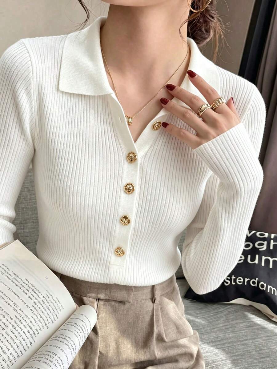 Women's Autumn/Winter Oversized Collar Knit Sweater, Slim Fit Flattering Long Sleeve Base Layer, Minimalist Solid Color All-Match Style White - White - View 1