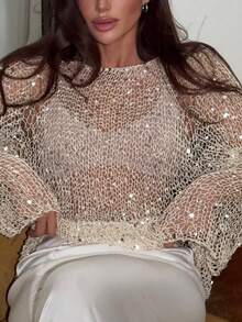 Shimmering Sequin Long Sleeve Sweater Women's Boho Semi-Sheer Knit Pullover For A Gorgeous Look - Khaki - View 4