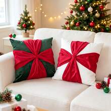 1pc Red Green Red White Bow Christmas Pillow Case, 3D Pleated Bow Sofa Cushion Cover, Holiday Home Decor, Pillow Insert Not Included - White - View 3