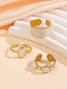 3pcs 18k Gold Plated Stainless Steel Geometric White Oil Drop Open Ring, Minimalist Fashion. Suitable For Women's Daily Wear. - White - View 2