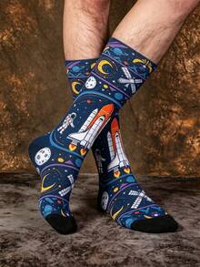 1/3 Pairs Creative Colorful Fun Space Jacquard Mid-Calf Socks, Street Style Astronaut Print Halloween Socks - Multicolor - View 5