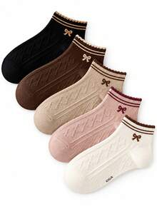1/5 Pairs Women's Sweet Bow Short Socks, Soft And Breathable, Personalized, Preppy Style, Suitable For Home, Commute, Holiday Gifts - Multicolor - View 4