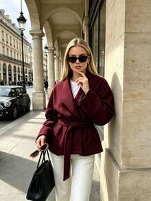 Women's Elegant Autumn/Winter Coat, Burgundy Wool Blend With Lapel, Belt And Pockets, Suitable For Daily Commute And Holiday Wear - Burgundy - View 6