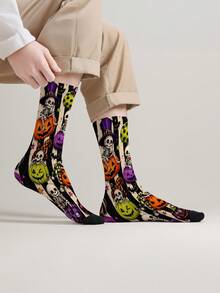 1 Pair 360° Printed Halloween Theme Mid-Calf Socks, Unisex Gothic Style, Suitable For Halloween Party - Multicolor - View 4