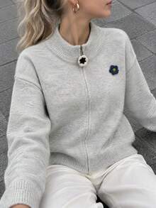 Spring New Women's Korean Style Minimalist Stand Collar Zipper Cardigan Sweater With Daisy Embroidery, Versatile - Grey - View 1
