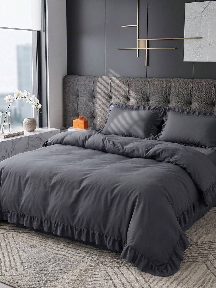 2/3pcs Ruffle Duvet Cover Set, Dorm Bedding, Grey Bedding Set, Cozy Room Decor, Skin-Friendly Breathable, Super Soft Anti-Pilling, Duvet Insert Not Included, Suitable For Twin/Full/Queen/King Size Bed, All Season, Machine Washable, Back To School