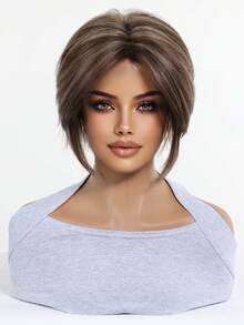 Brown Blonde Highlight Short Layered Pixie Wig For Women, 8 Inch Natural Looking Bob Wig With Side Bangs, Synthetic Heat Resistant Wig For Daily Wear Office Dating, Elegant And Tasteful - Brown - View 3