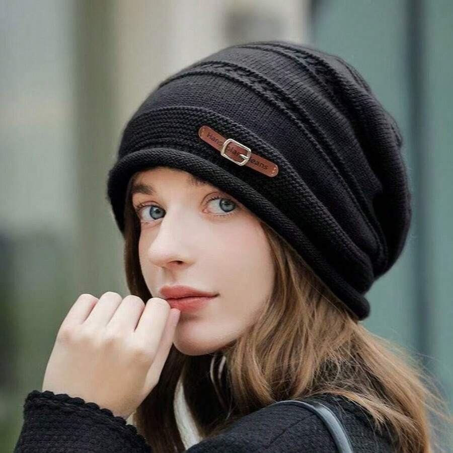 1pc Solid Color Elegant Polyester (Polyester) Korean Style Autumn/Winter Fashion New Versatile Beanie Hat Cold Weather Hat Women's Fashion Slouchy Hat Beanie Hat Letter Design Face-Slimming - One Size Fits All - View 1