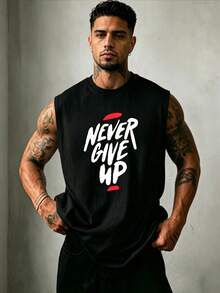 ZYNTH BALENO Tank Top Pria Motif "Never Give Up" untuk Musim Panas, Pakaian Olahraga Keren yang Wajib Dimiliki di Musim Panas - Hitam - View 2