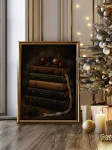 1pc Framed Canvas Wall Art Decor, Vintage Stacked Christmas Books And Pine Branch Ornament Print, Dark Academia Rustic Holiday Wall Hanging, Aesthetic Atmosphere Home Decor, Modern Home Decoration, Room Decor, Dorm Decor, Bedroom Decor, Bathroom Decor, Kitchen Decor, Dining Room Decor, Living Room Decor, Office Decor - Books - View 5