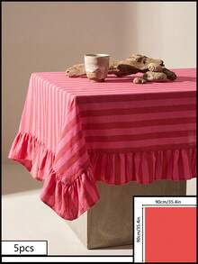 1pc Pink & White Wide Striped Tablecloth, Warm Minimalist Style, Fabric Material, Rectangular Double Layer With Ruffle Edge And Pleated Detail, Decorative Stain-Resistant Table Protector, Suitable For Daily Home And Cozy Restaurant Decor - Pink - View 16