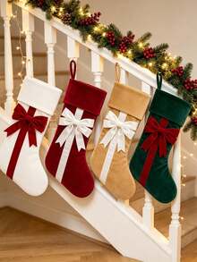 1pc Velvet Christmas Stocking With Classic Bow, Spacious Interior For Cosmetics, Candy And Small Gifts, Perfect Hanging Decoration For Fireplace, Christmas Tree And Home - Multicolor - View 8