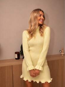 Women Slim Fit Ribbed Knit Mini Dress With Ruffle Cuff And Hem Long Sleeve Daily Street Autumn Outfit - Yellow - View 1