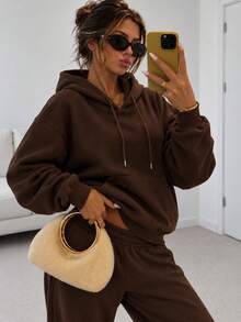 Unisex Solid Color Thermal Lined Loose Fit All-Match Sweatshirt With Pockets And Drawstring Long Sleeve Sweatshirt, INS Style Sport Sweatshirt, Machine Washable - Brown - View 2