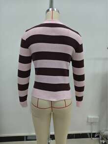 MORI Women's Y2K Pink Chocolate Striped Full Zip Lapel Long Sleeve Slim Fit Ribbed Knit Cropped Cardigan Sweater Top Set, Autumn/Winter Fall - Pink and Brown - View 3