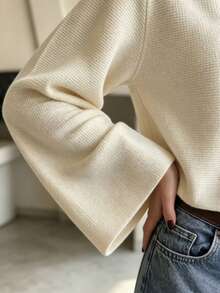 Women's Autumn/Winter French Gentle Style Round Neck Large Button Knit Cardigan, Loose Long Sleeve Bell Sleeve Elegant Versatile Crop Top - Off-white - View 7