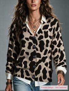 ASHKATIA Cardigan de punto casual de manga larga con estampado de vaca y abotonadura sencilla para mujer de talla grande - Multicolor - Ver 1