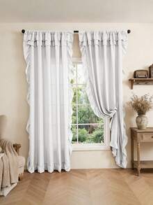 1pc Minimalist Solid Color Lace Trim Curtains, American Style Semi-Sheer Privacy Curtains For Bedroom Windows, Living Room Breathable Curtains, Home Window Decor, Holiday Decoration, Living Room Curtains - White - View 1