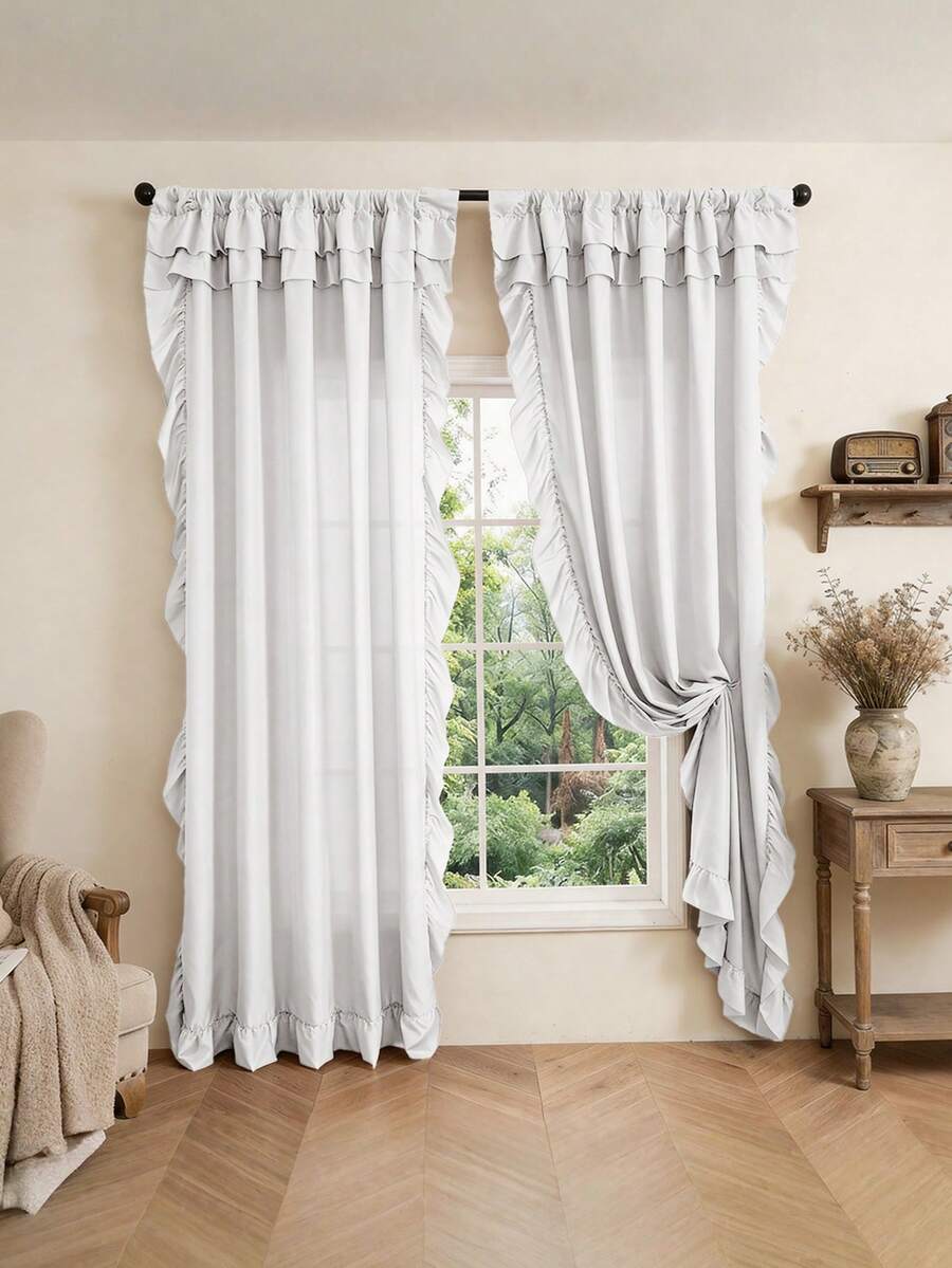 1pc Minimalist Solid Color Lace Trim Curtains, American Style Semi-Sheer Privacy Curtains For Bedroom Windows, Living Room Breathable Curtains, Home Window Decor, Holiday Decoration, Living Room Curtains - White - View 1