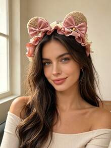 2/1pc Cute Plush Bear Ear Headband With Lace Ruffle Satin Ribbon Bow And Bell, Sweet Lolita Birthday Party Cosplay Cute Animal Theme Party Hair Accessory For Women - Multicolor - View 1