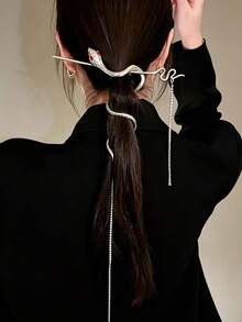2pcs/Set Silver Glossy Snake Texture Rhinestone Chain Hair Sticks Combination, Women's Unique Niche Back Head Bun Metal Hair Accessories - Multicolor - View 4