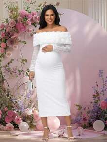 JustVH Maternity Floral Off-Shoulder Long Sleeve Midi Dress, Suitable For Baby Shower And Gender Reveal Party - White - View 5