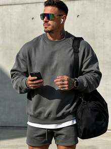 Men's Solid Color Drop Shoulder Long Sleeve Casual Crew Neck Sweatshirt, Autumn/Winter, Back To School - Dark Grey - View 4