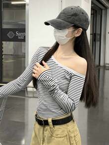 Women's Spring/Autumn Niche Versatile Slouchy Slim Fit Striped Elegant Asymmetric Shoulder Long Sleeve Inner Layer Base T-Shirt Top - White - View 5