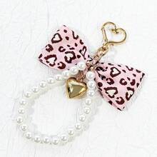 1PC Leopard Bow Pearl Keychain, Heart Charm Bag Pendant, Birthday, Christmas Gift For Women - Multicolor - View 7