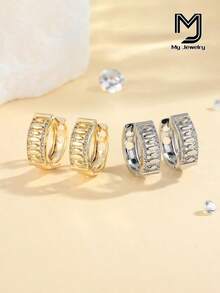 Fashion Women's 14K Gold Plated Copper Twisted Multi-Rhinestone Wide C-Shaped Hoop Earrings, Luxury Sparkling, Suitable For Daily Wear And Party, Gift For Girls - Silver - View 2