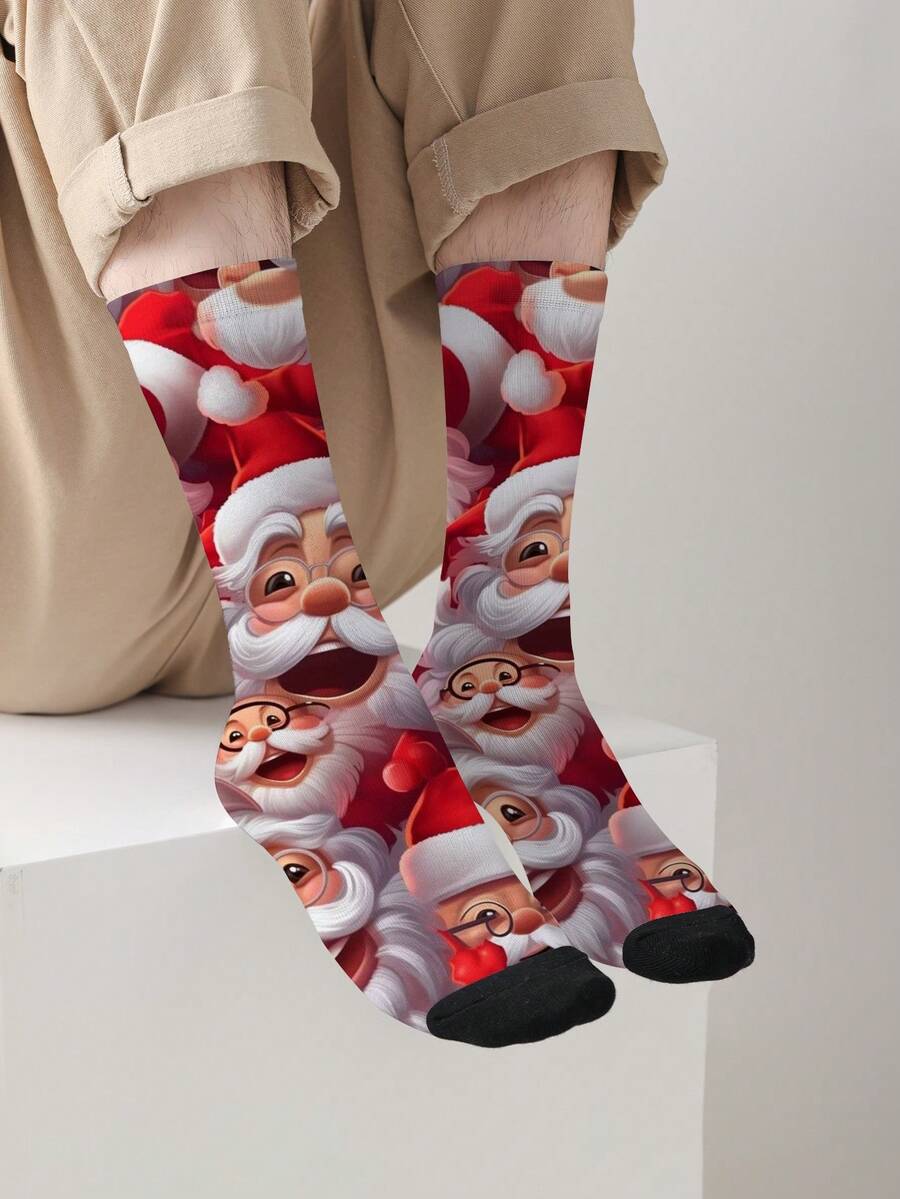 1 Pair 360° Christmas Themed Printed Mid-Calf Socks, Men's Novelty Fun Print Mid-Calf Socks - Red - View 1