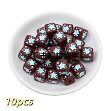 10pcs 15mm Autumn/Winter Brown Square Acrylic Beads With Blue Printed Pattern, DIY Jewelry Making Materials For Bracelets, Necklaces, Keychains, Bag Charms - Brown - View 15