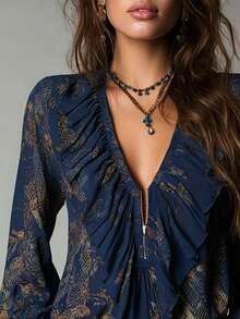 Vintage French Vacation Style Elegant Chiffon Allover Print Deep V-Neck Zipper Ruffle Hem Design Lantern Sleeve Women Blouse Summer, French Girl Style - Navy Blue - View 4