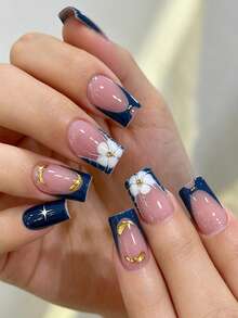 24PCS Square Press On Nails, Medium Fake Nails, Navy Blue French Tip, White 3D Flower & Gold Moon Star Design, Nude Pink Base, Reusable False Nails For Women - Multicolor - View 2