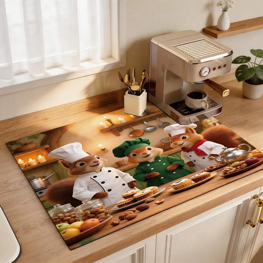 (Hot !!) 1pc 2D Chef Squirrel Pattern, Flat Stove Protector Mat And Non-Slip Heat-Resistant Rubber Stove Cover Pad Suitable For Induction Cooktop, Glass Stove And Multi-Function Anti-Scratch Mat, Also Can Be Used As Oven, Washing Machine, Dryer And Kitchen Decor Best Choice. - Multicolor - View 1