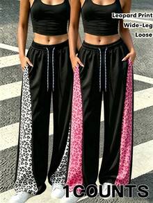 Women's Wide-Leg Pants With A Color-Blocked Leopard Print, Perfect For Casual Street Style Or Everyday Wear. - Black - View 4