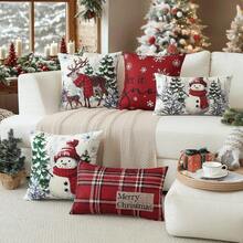 4Pcs Christmas Throw Pillow Covers, Snowman Reindeer Red Plaid Snowflake Pattern Decorative Cushion Cases For Sofa Couch Holiday Home Decor, Single Sided Print, Pillow Inserts Not Included - Red - View 5